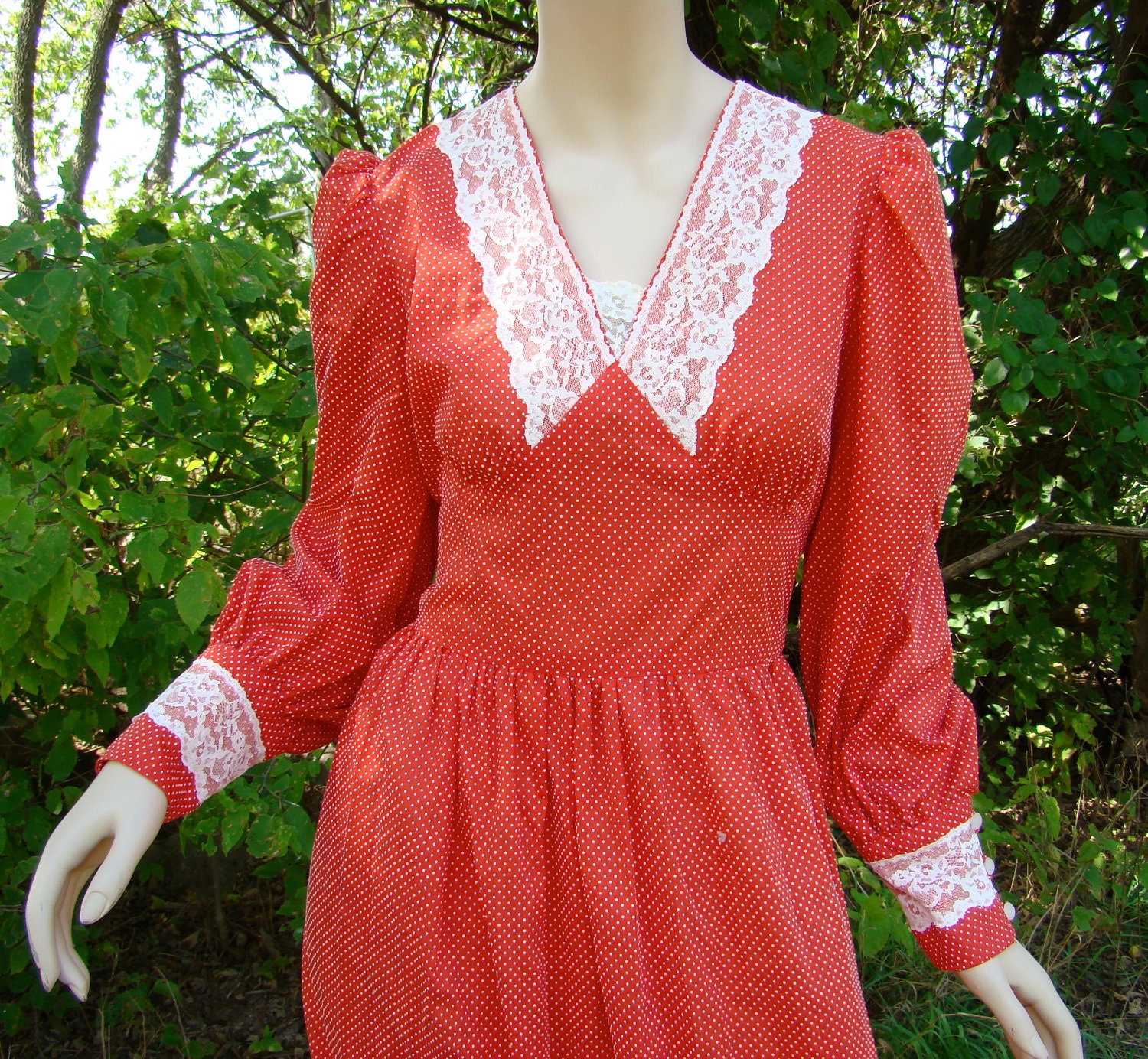 Swiss Dot Maxi Dress in Red- 1960's- White Lace Trim, 1930's Inspired, Puffy Long Sleeves