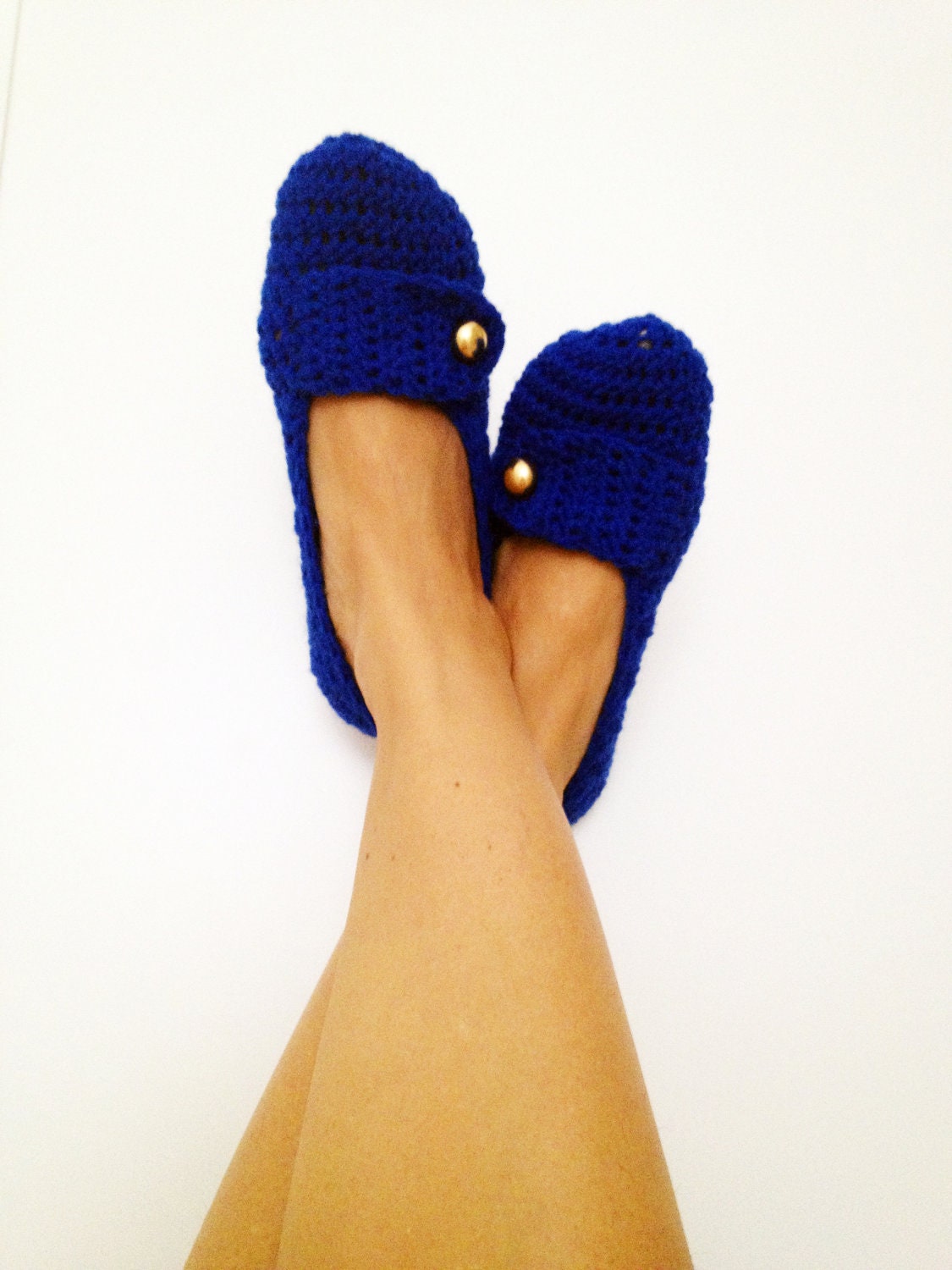 Navy blue With Gold Color Button Crochet Womens Slippers, Ballet Flats, House Shoes Olympian Blue