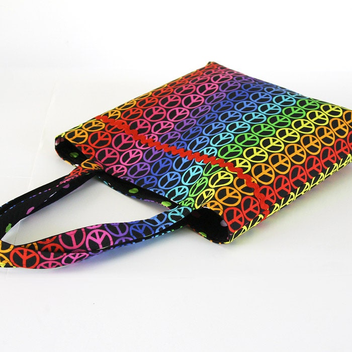 Peace Purse Fabric Tote Bag Reversible Tote Bag Handmade Tote Bag Peace Sign Rainbow Black Polka Dot