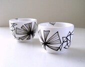 Ceramic Cups Sake Japanese Tea Geometric Black and White Triangles Painted Modern - READY TO SHIP