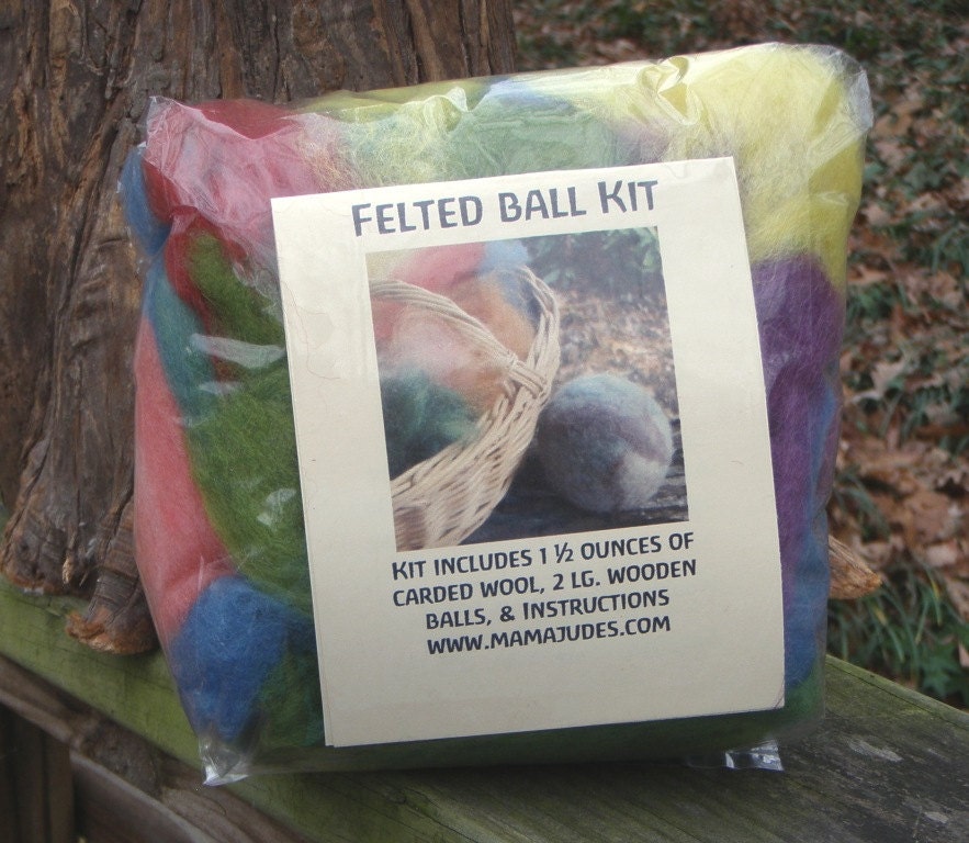 Large Felted Ball Kit--Plant Dyed Wool, 2 Wooden Balls, and Instructions