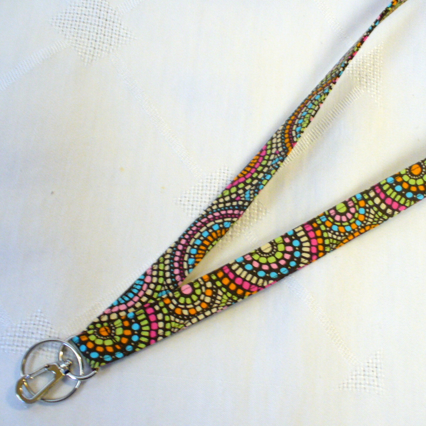 Colorful Fabric Lanyard ID Badge Holder Breakaway Lanyard Key Ring Fob Mosaic Circles Brown Orange Turquoise Lime Hot Pink MTO