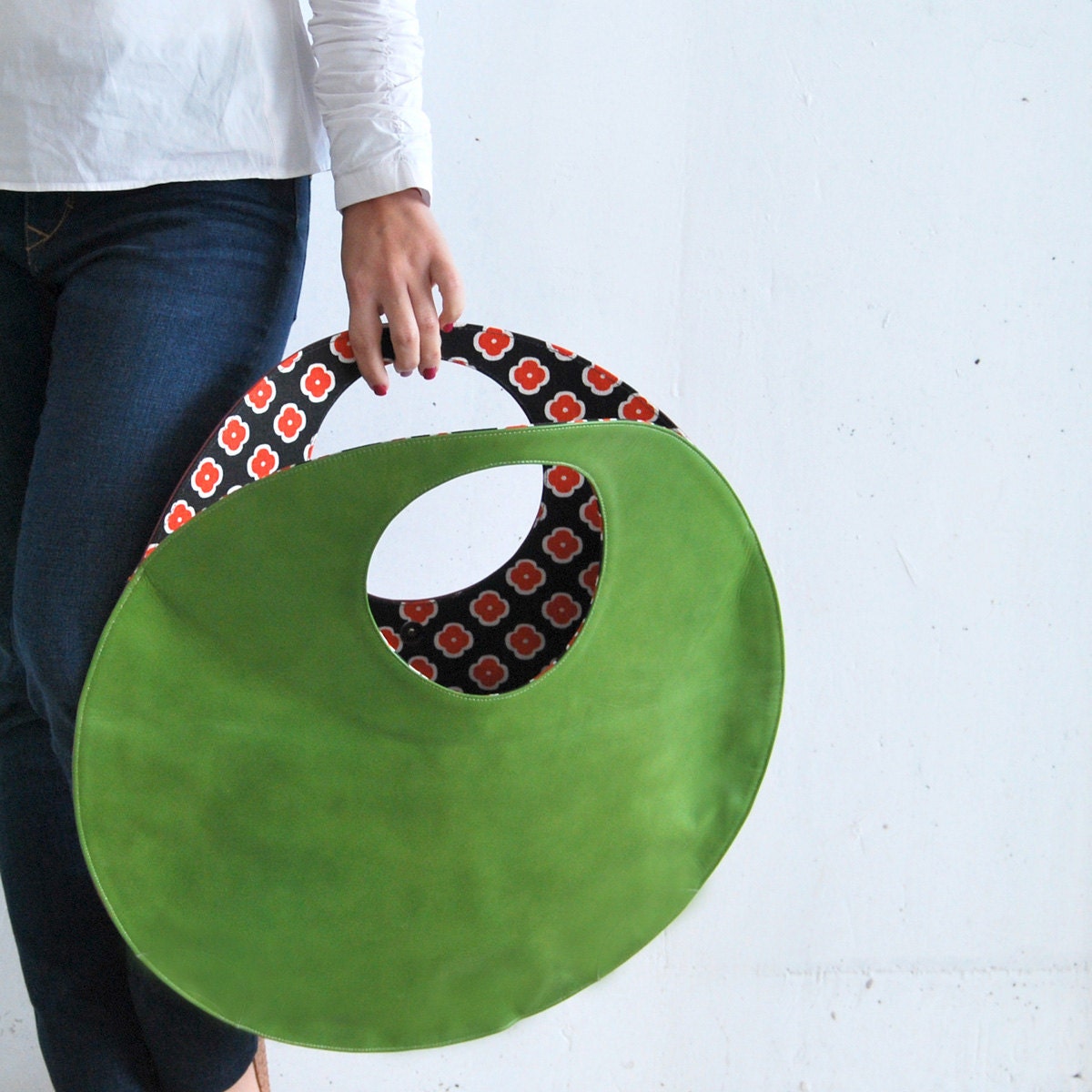Large leather tote bag, large clutch, circle handbag fuchsia handbag, green handbag
