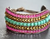 Limited Edition Agate Stone Fresh Water Pearl Beaded Leather Cuff Bracelet