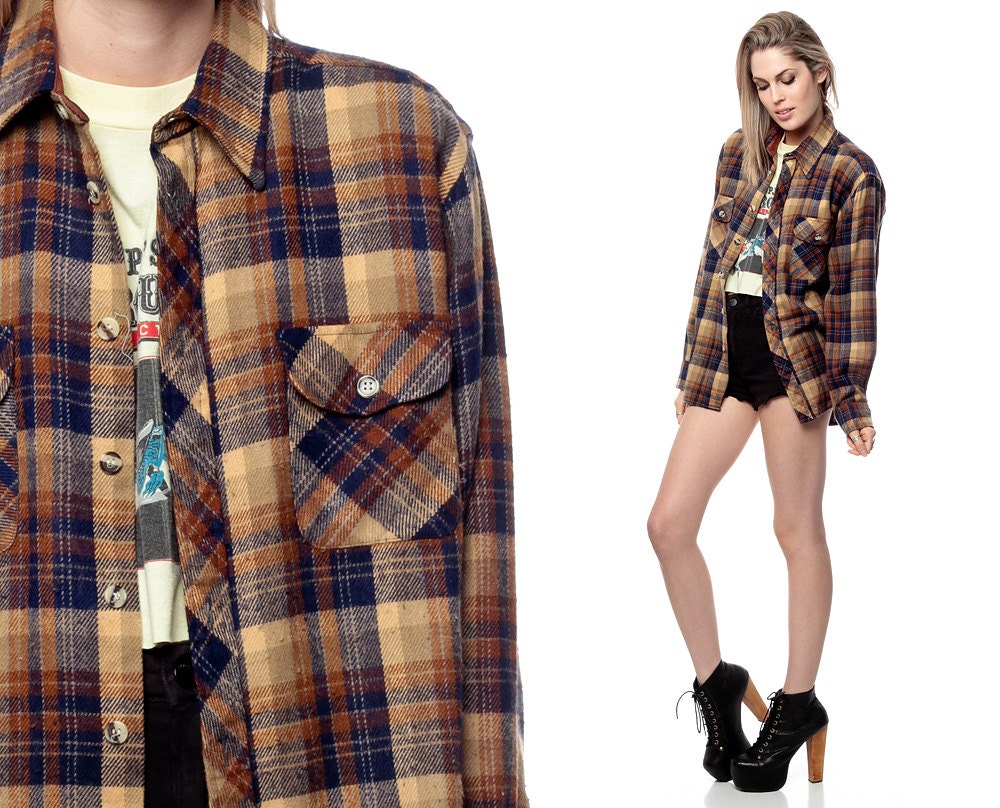 Grunge Flannel Shirt 90s Brown Plaid OVERSIZED Tan Long Sleeve Checkered 1990s Button Up Lumberjack Vintage Women Men Small Medium Large