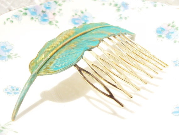 Large Gold Verdigris Feather Hair Comb - Woodland Collection - Whimsical - Nature - Bridal - Patina