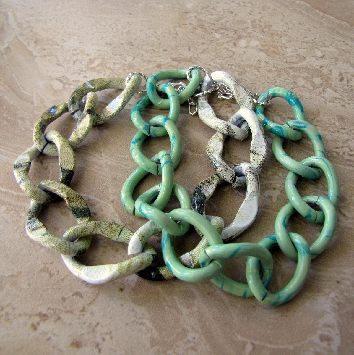 Chunky Chain Bracelets, Set of 2 - Sage Green Colorful Big Bold Chain Links - Sage Sunset (Ready to Ship)
