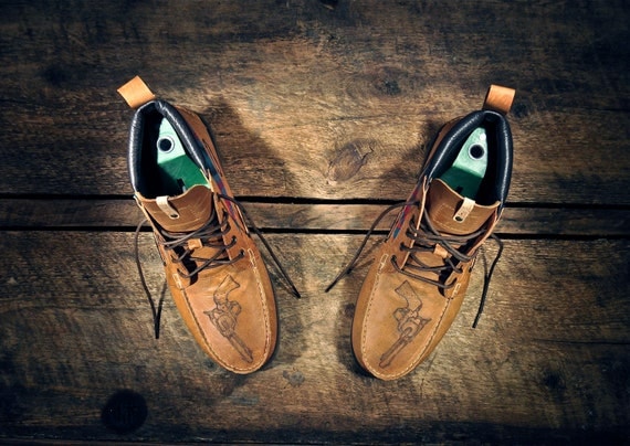 Handcrafted HIGHTOP Leather Boat Shoes - Waxed Tan w/ Teal Southwest Inspired Patterned Wool detail & etched pistols - MADE to ORDER