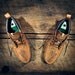 Handcrafted HIGHTOP Leather Boat Shoes - Waxed Tan w/ Teal Southwest Inspired Patterned Wool detail & etched pistols - MADE to ORDER
