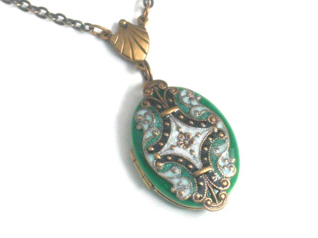 Green Art Deco Style Locket - Resin Brass Filigree - Handmade Oval Necklace Pendant
