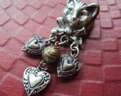 Vintage Cat Brooch Pin with Charms Pewter and Brass