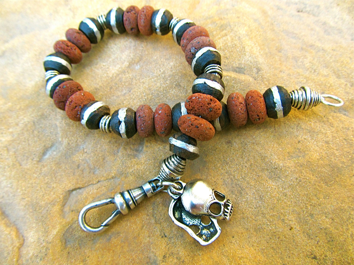 Men's Rustic Ebony and Lava Bracelet with Silver Skulls