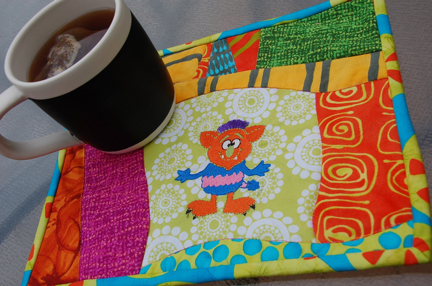 Mini Quilt/Mug Rug with Embroideried Fringed Ernie the Monster just in time for Halloween