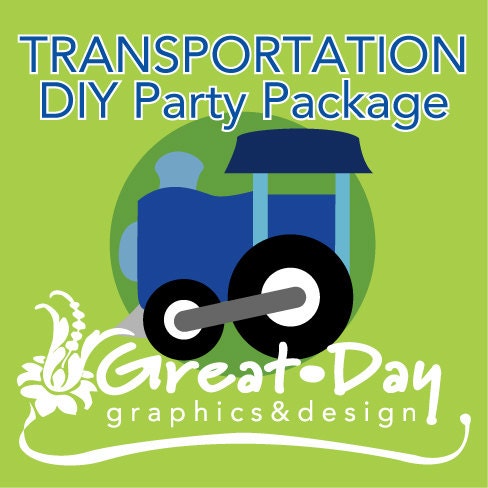 Transportation DIY Party Package Invite Thank You Banner Cupcake Toppers Favor Toppers