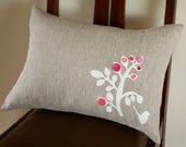 Linen Cushion Cover - White tree with pink buttons