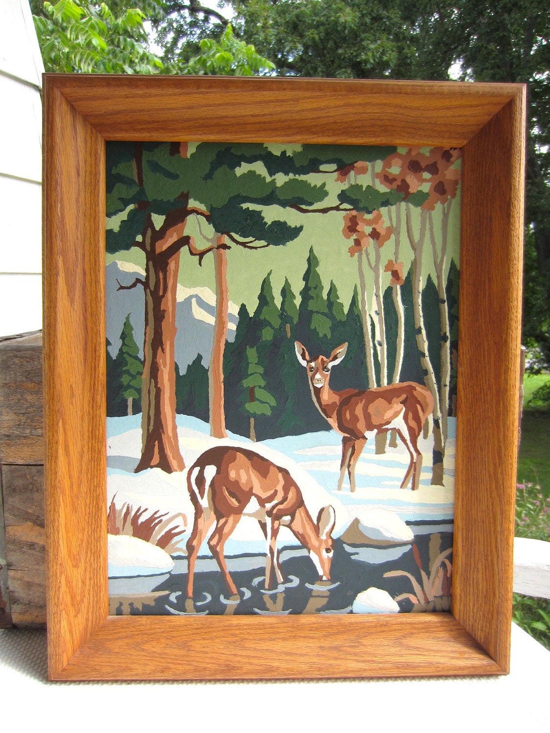 Vintage Paint by Number Deer Winter Scene Framed Picture
