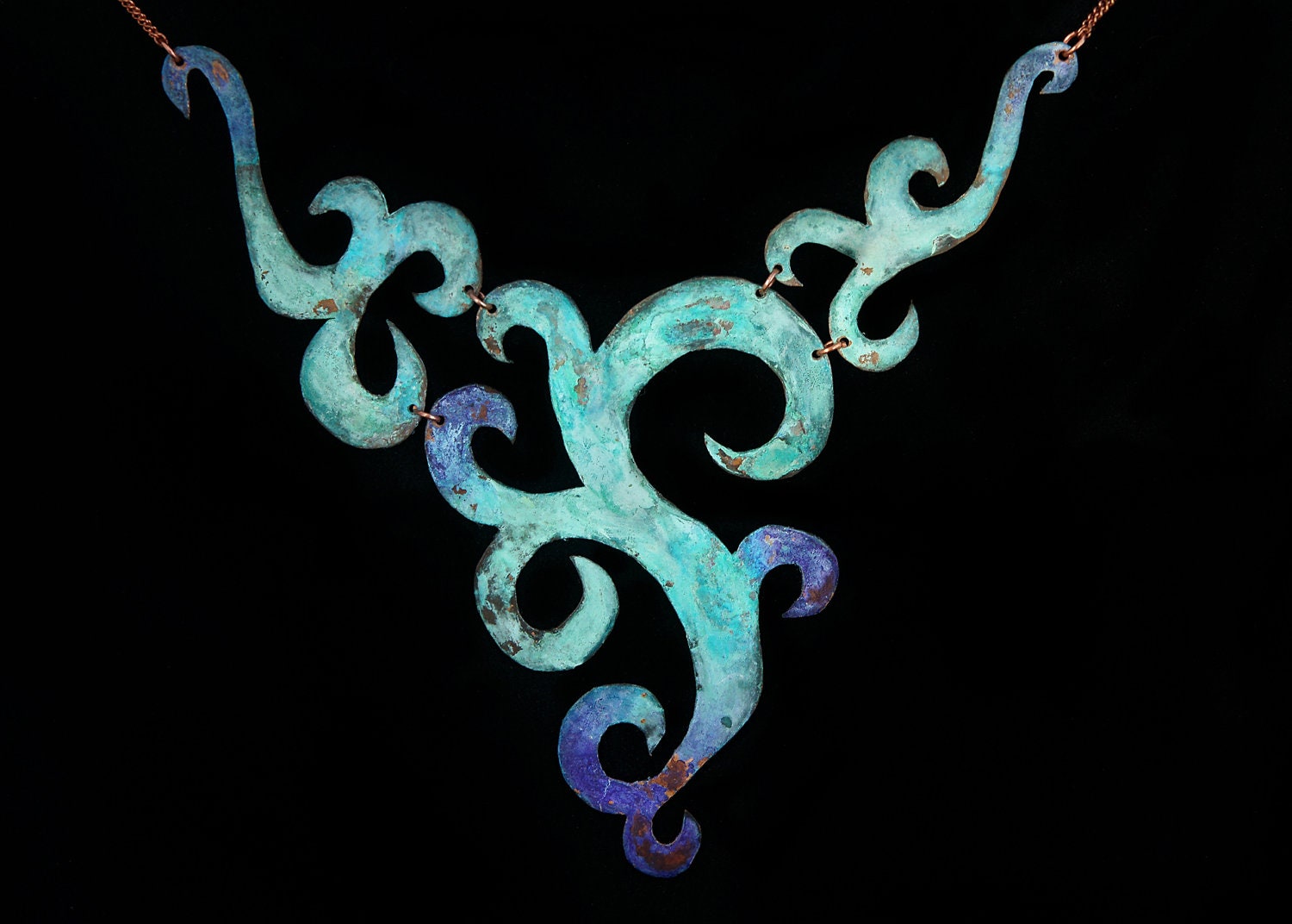 Hand Forged Copper Fleurs Necklace patinated teal purple