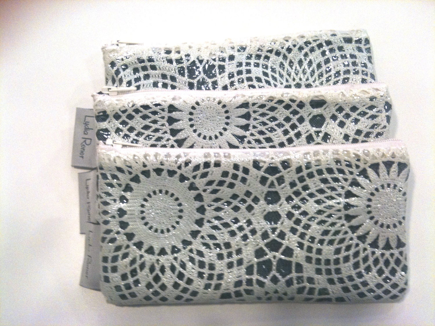Set of 3 Purses for  27 (1 x 11 US), Zipper Laminate Lace Off white Small Wallet Purse- Rectangular Size (Jeans linning), now FREE SHIPPING