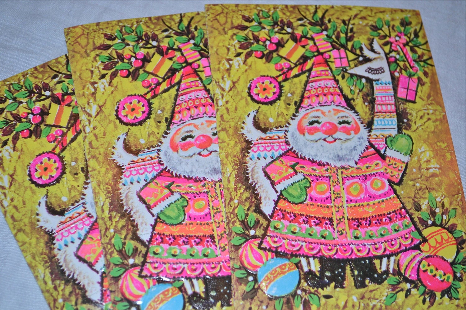Vintage Christmas Cards - Mod Pink Santa and Reindeer - 3