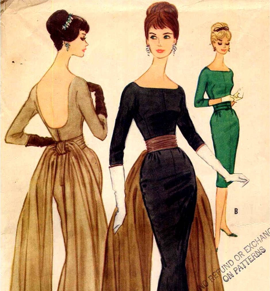 Vintage McCalls 5588 Pauline Trigere Sheath Dress Sewing Pattern Early 1960s Fishtail Evening Gown with Back Drape Bust 32 UNCUT
