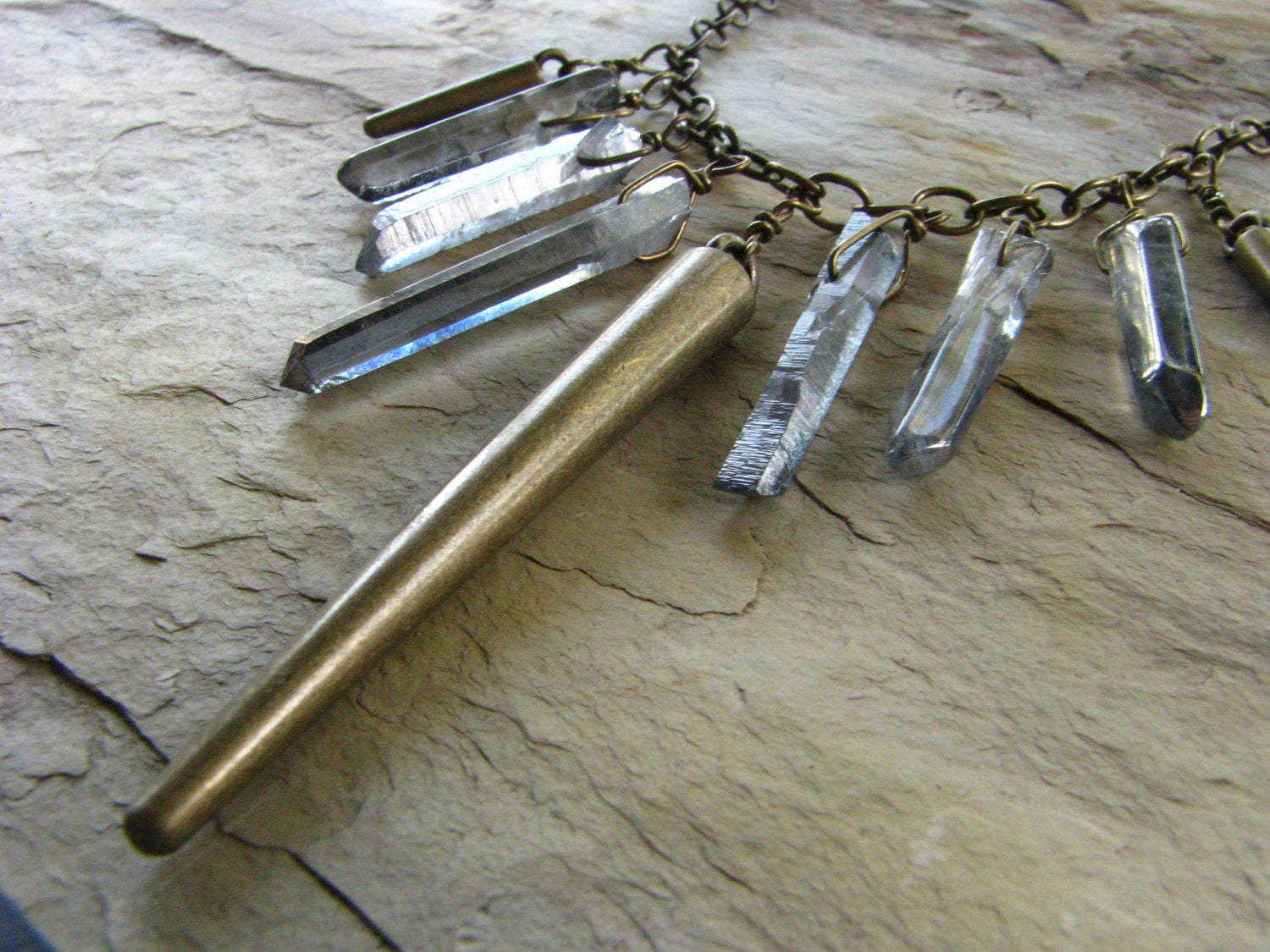 Smokey Gray Quartz and Brass Spike Necklace