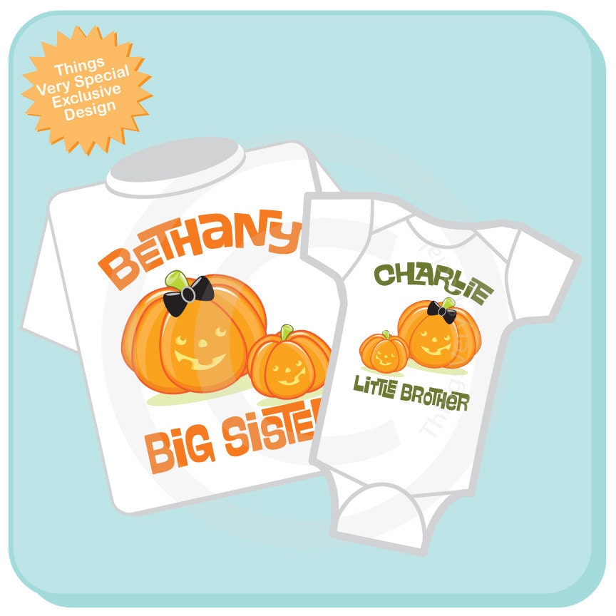 Set of Two Personalized Big Sister and Little Brother Cute Pumpkin Halloween Shirt and Onesie set.