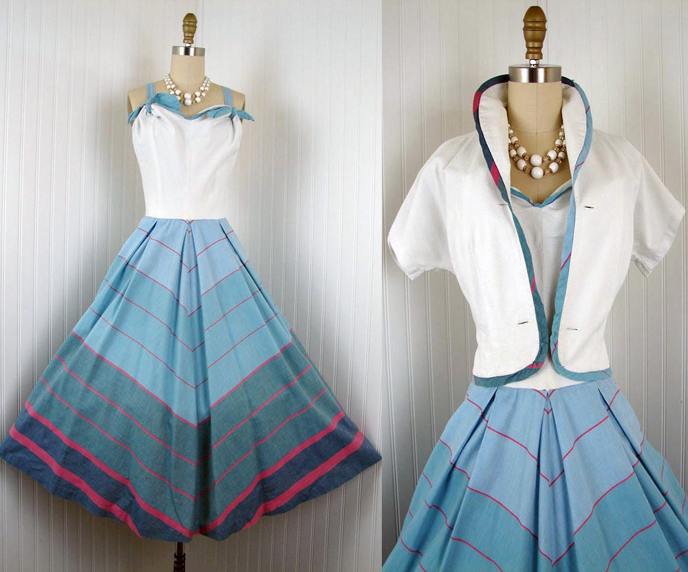 1940s 1950s Dress - TWIST OF FATE Vintage 40s 50s Blue White Designer Cotton Party Sundress and Bolero Jacket m l