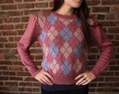 PLUM BUNNY - 80s Vintage Puffed Sleeve Sweater Argyle Print So Cute S