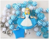 Alice in Wonderland Necklace, Beaded White and Baby Blue Chain, Silver Plated - Sweet Lolita, Whimsical