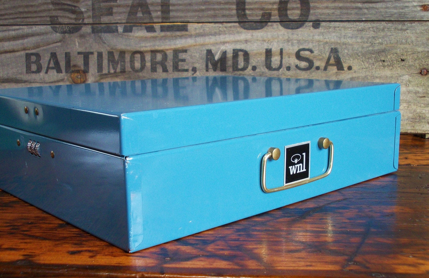 Vintage Metal Teal Blue Industrial Document Box with Number Combination Lock