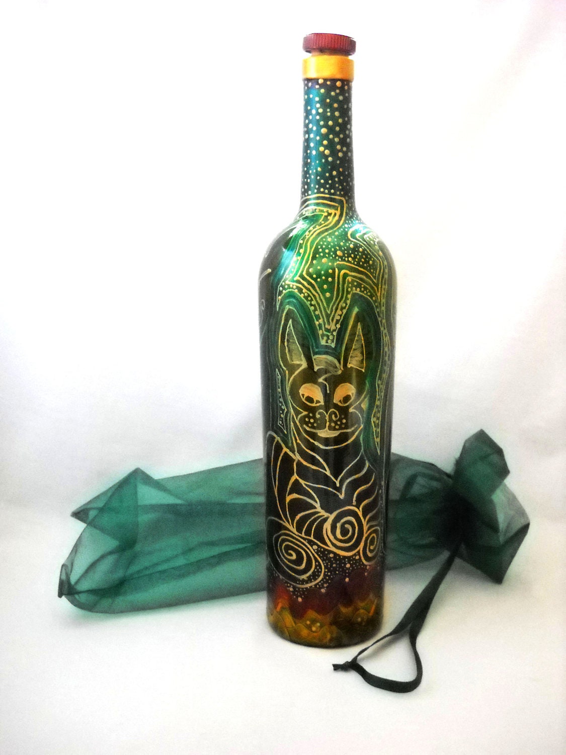 Hand Painted Bottle ART on Glass Cats Emerald Green Art Bottle
