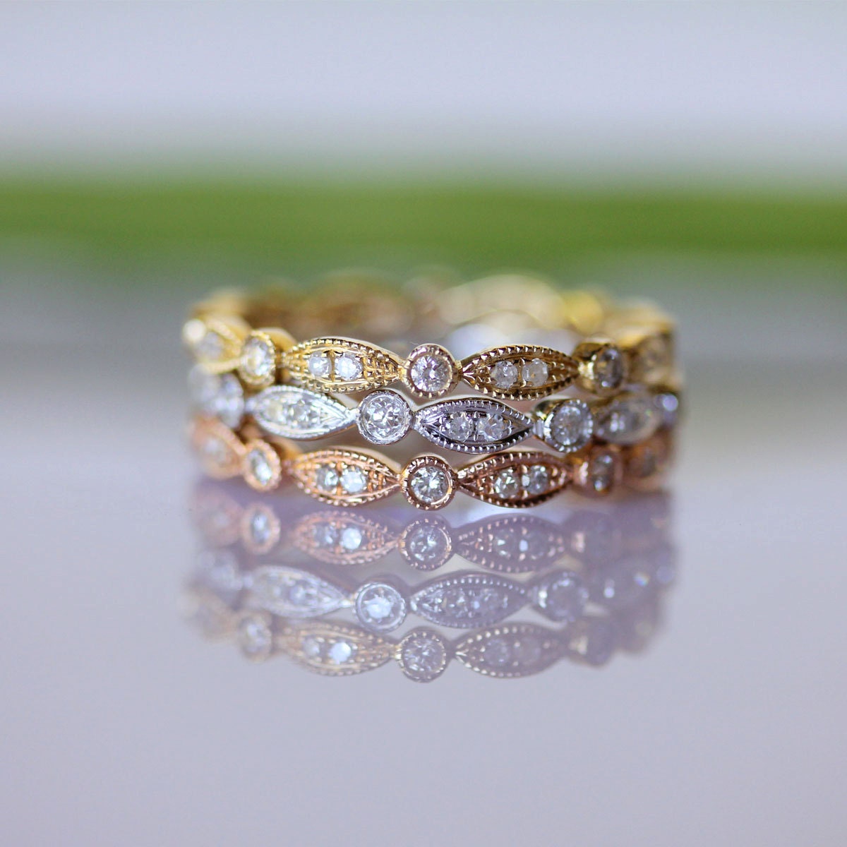 Gold Leaves Pavé Diamond Eternity Ring (size 3.5-7) - Made To Order (One Piece)