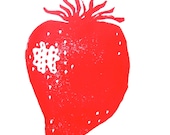 LINOCUT PRINT - red strawberry 8x10 print