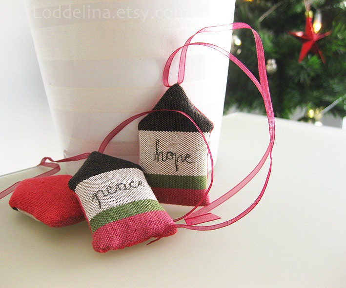 SALE - set of 3 - little house ornaments Peace Hope Love in pink white green and chocolate brown canvas