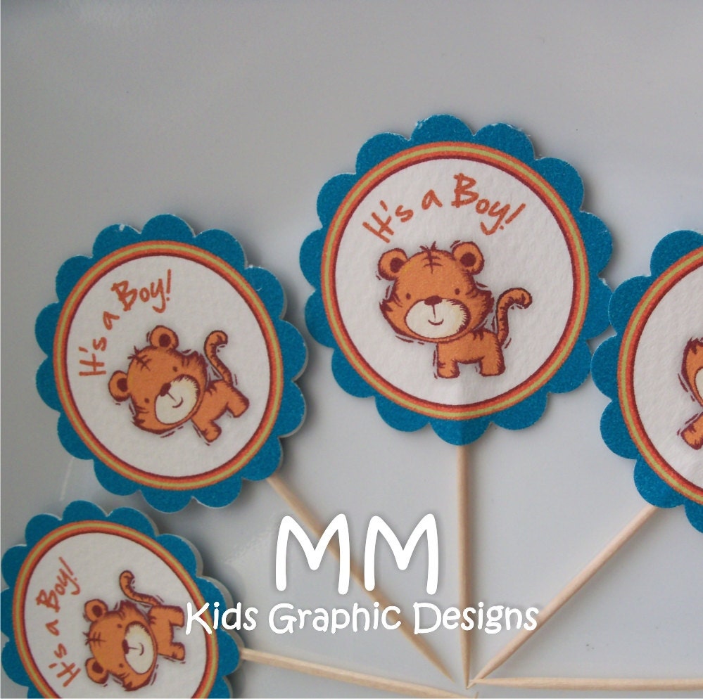 Tiger Theme - 20 Cupcake Toppers - Personalized - Birthday - Baby Shower Il_570xn