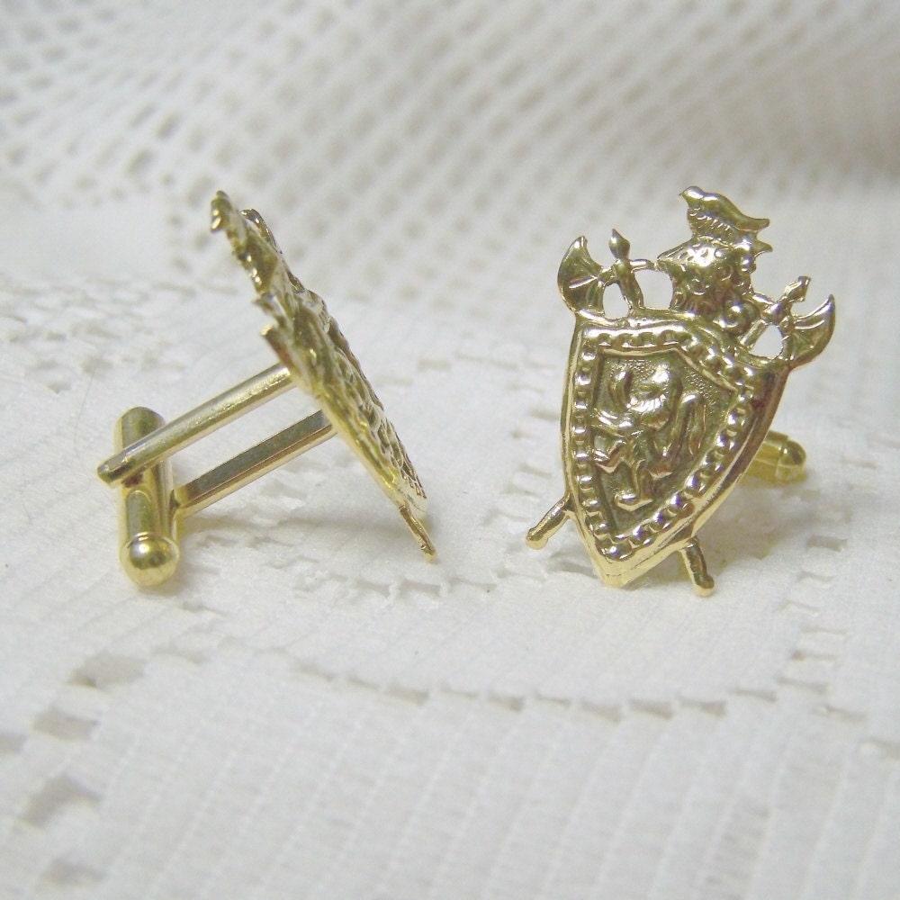 Lion Rampant - Gold Armor Shield Cuff Links - Medieval Knight - Scotland - Coat of Arms - Royal Crest - Renaissance Armour