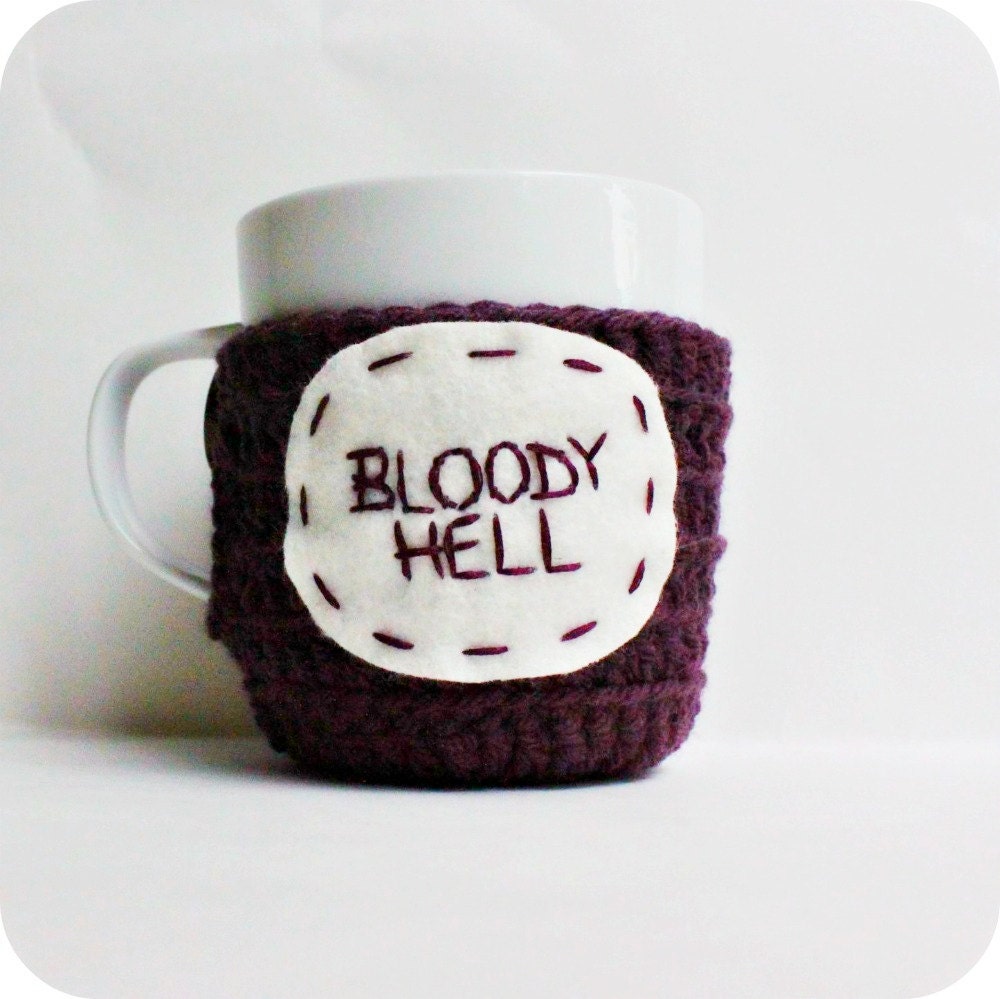 Funny Mug Cozy coffee tea cup purple Bloody Hell crochet handmade cover