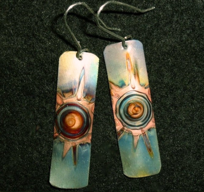 Green copper earrings, rectangular oxidized copper jewelry