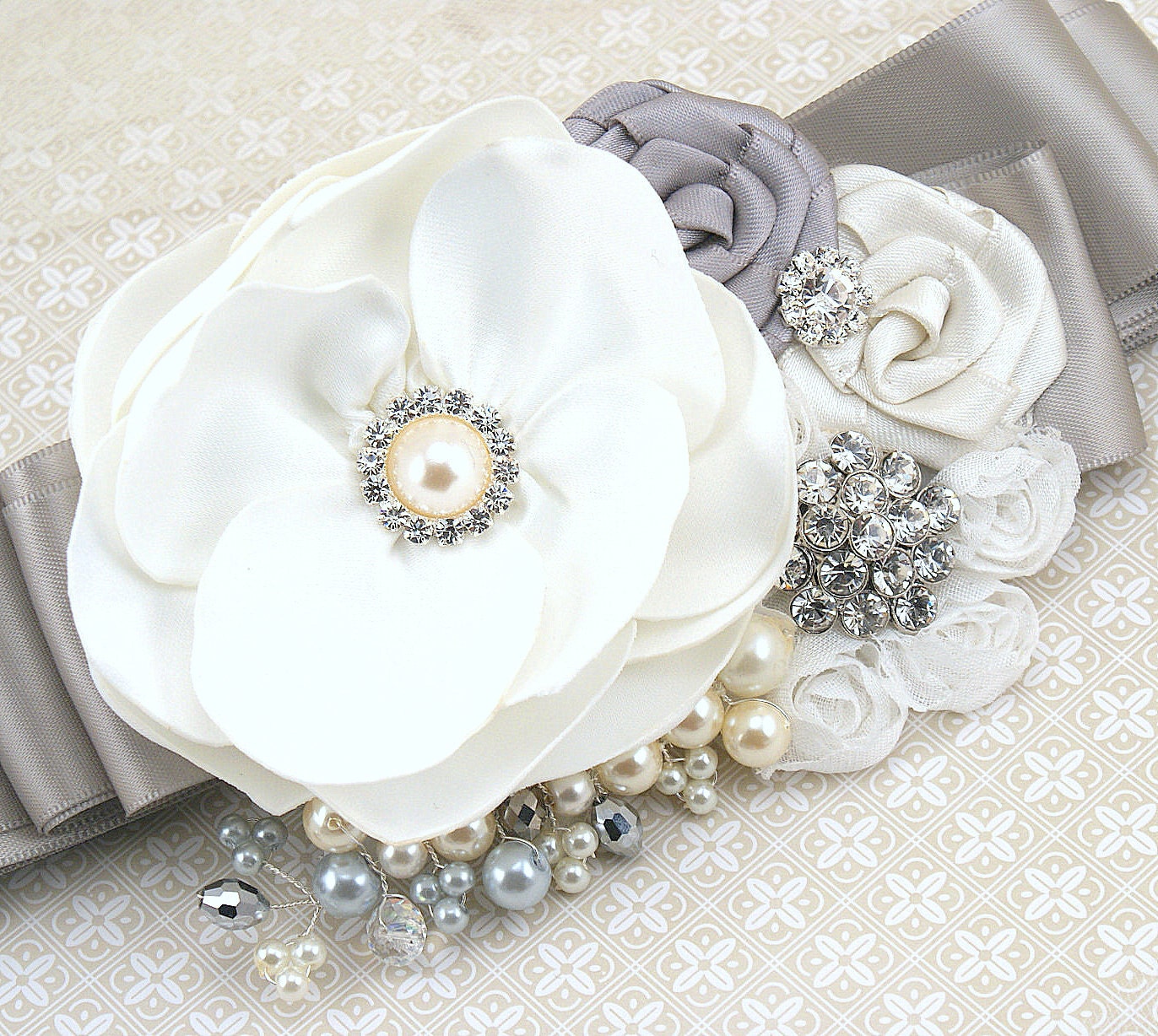 Bridal Sash- Wedding Sash in White, Silver and Ivory- Luxurious