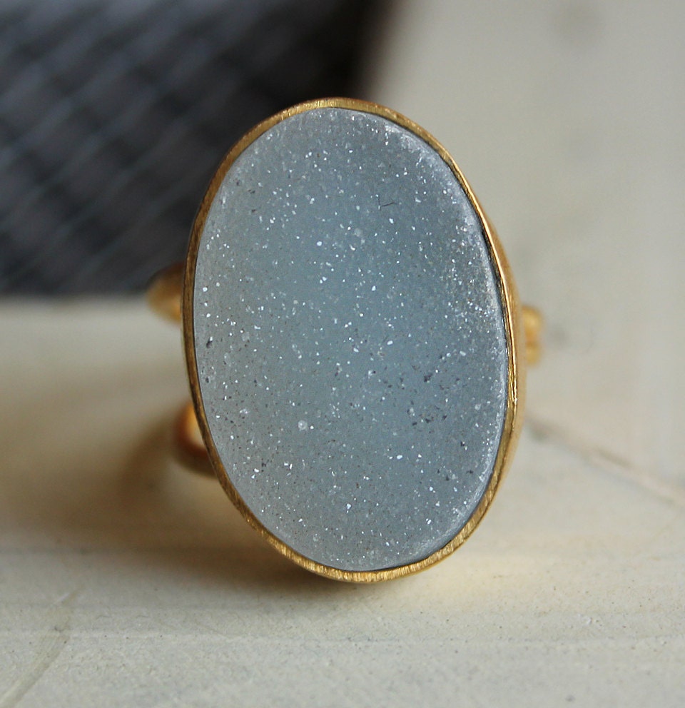 Aqua Blue Agate Druzy Ring - Adjustable Gemstone Ring - Ice Blue