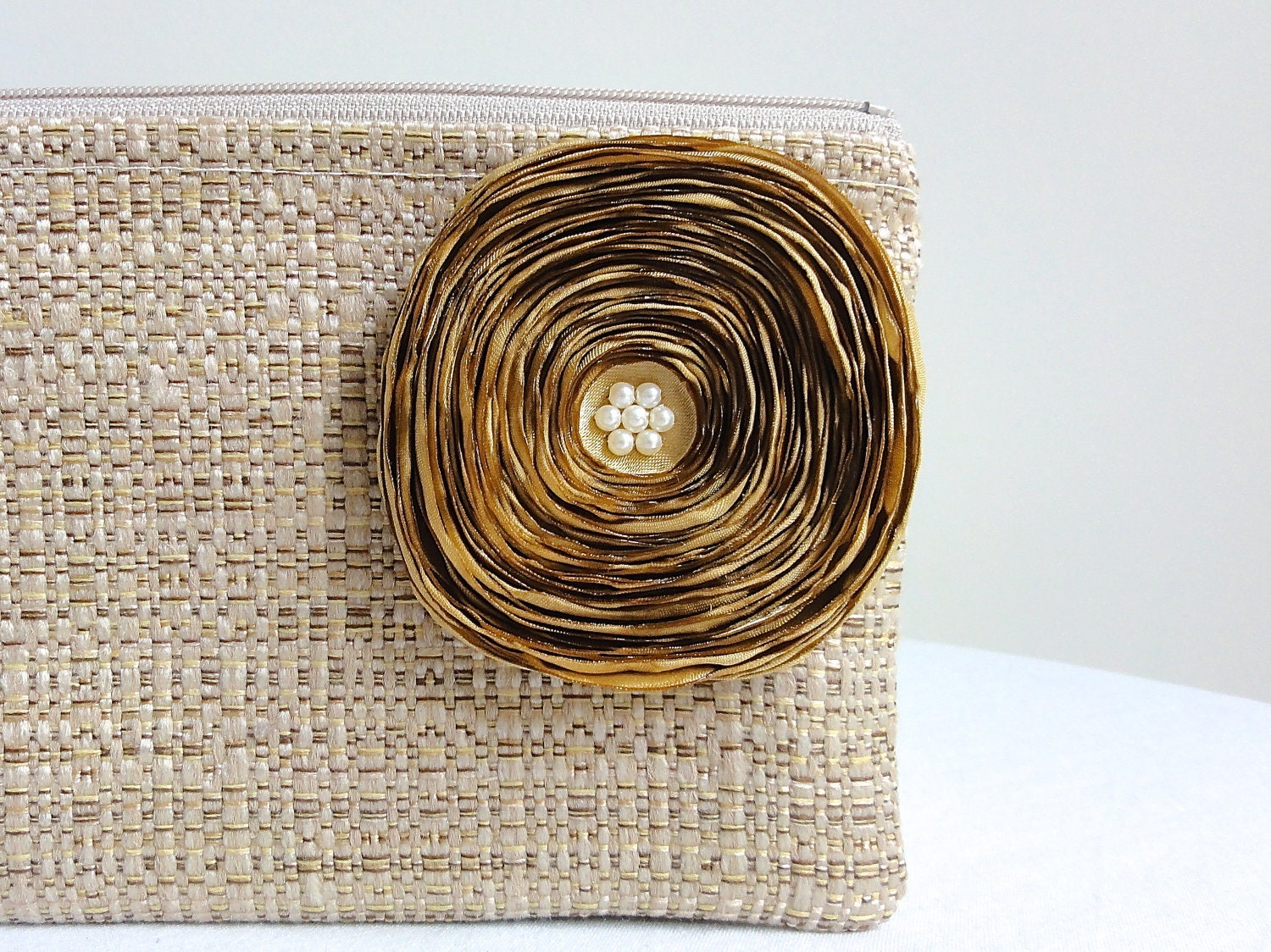 Tan Woven Clutch Handbag / Gold Satin Flower / Bridesmaid Clutch