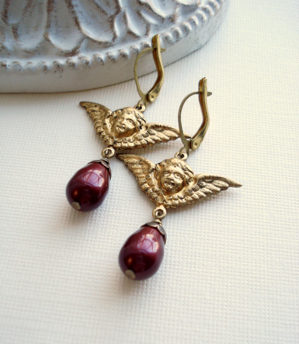 Vintage Angel Drop Earrings In Raw Brass, Heruvim Earrings, Bordeaux Swarovski Pearl, Gift For Her Under 25
