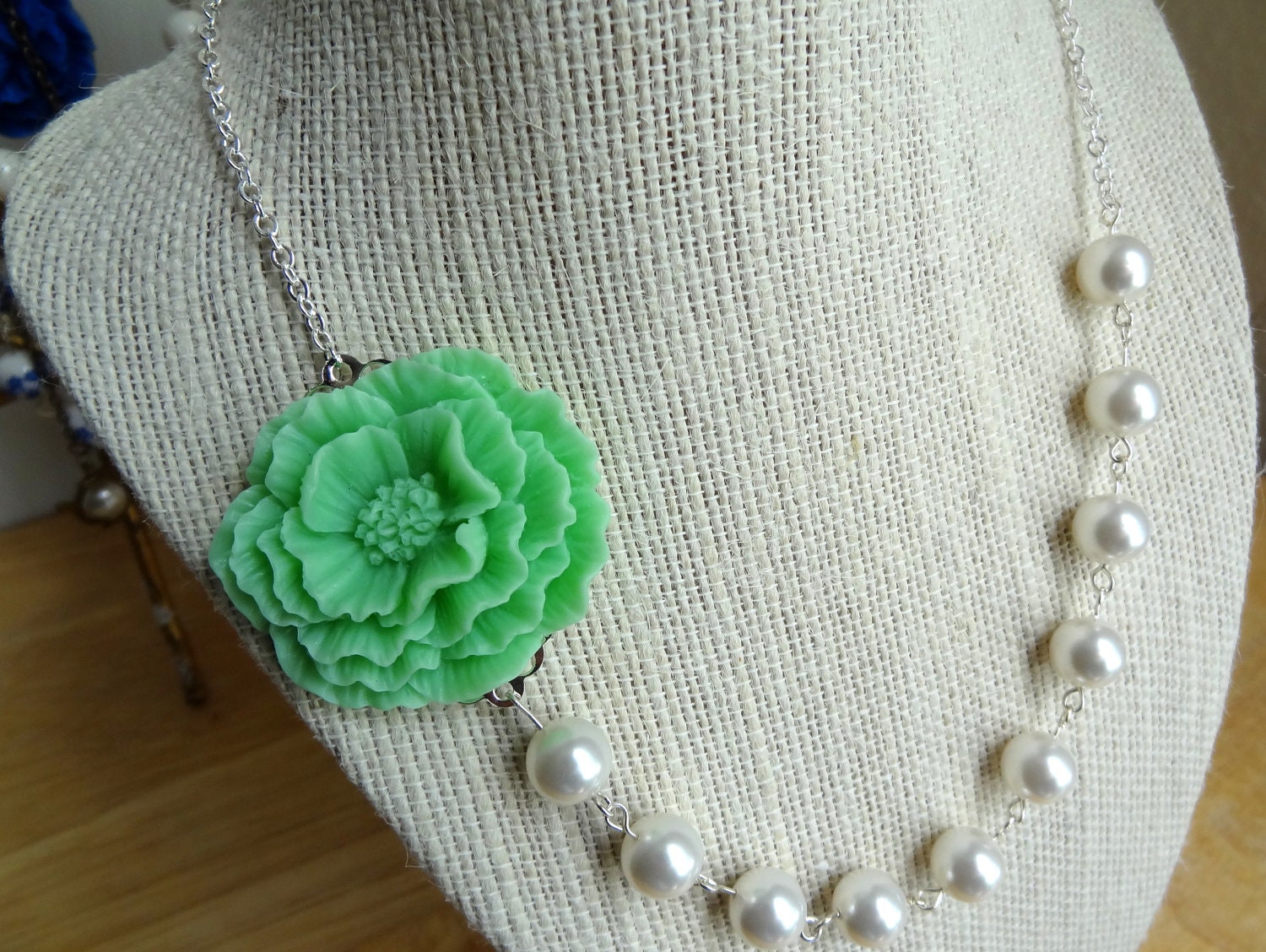 Mint Green Cabbage Rose Asymmetrical Statement Necklace Bridesmaid Necklace Bridal Necklace Garden Wedding Swarovski Crystal Pearls