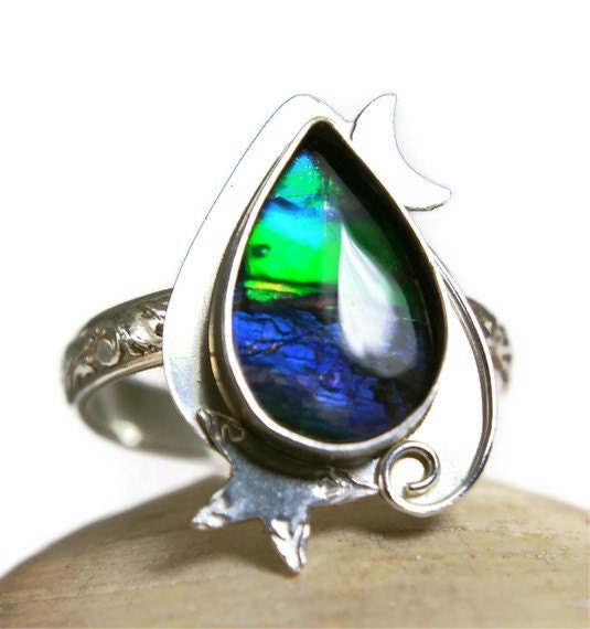 Reserved for Sue, Sterling Silver Ammolite Ring, Blue Rainbow Fossil, Star and Crescent Moon