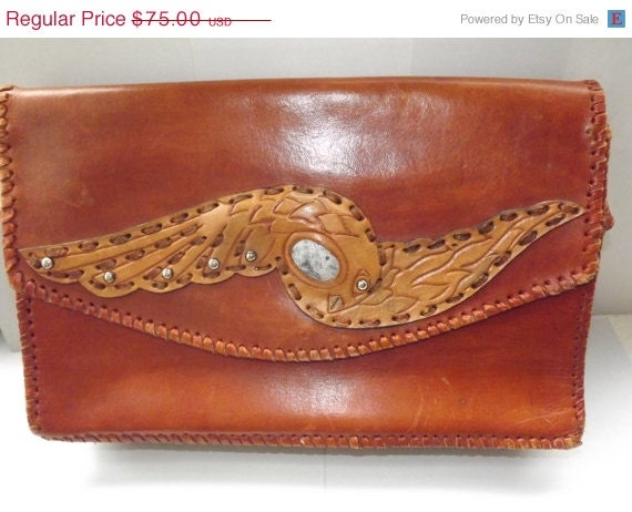 Sale Vintage 1970s Cognac Tooled Leather / Handmade South West Leather Bag With Stone / Envelope Purse