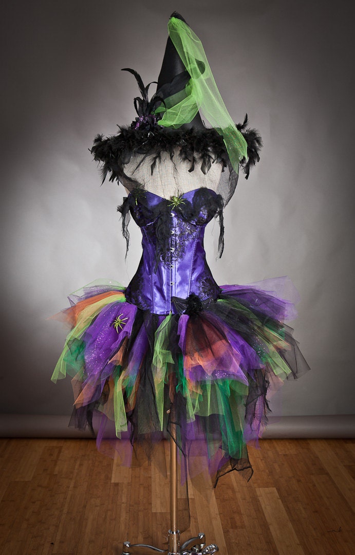 Custom Size Light up Purple Orange Green and Black Feather Burlesque Corset Witch Spider costume with Hat Ready to Ship