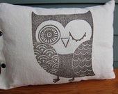 linen block printed modern owl pillow cushion (brown printed on ivory hemp organic cotton and linen)