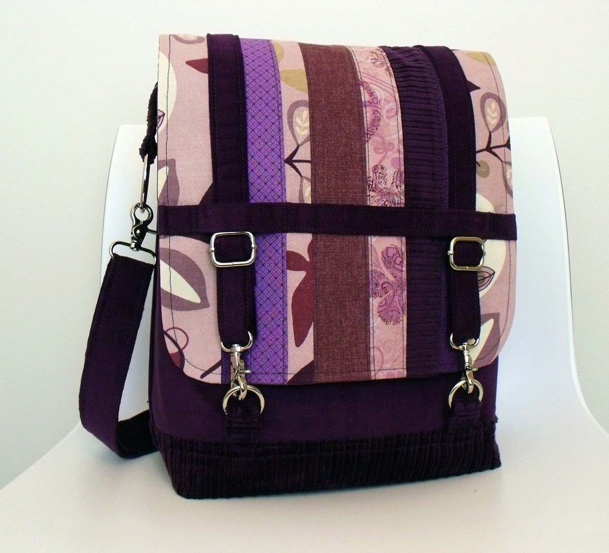 Convertible Backpack Messenger Bag LONDoN in QUILTED PURPLE Corduroy