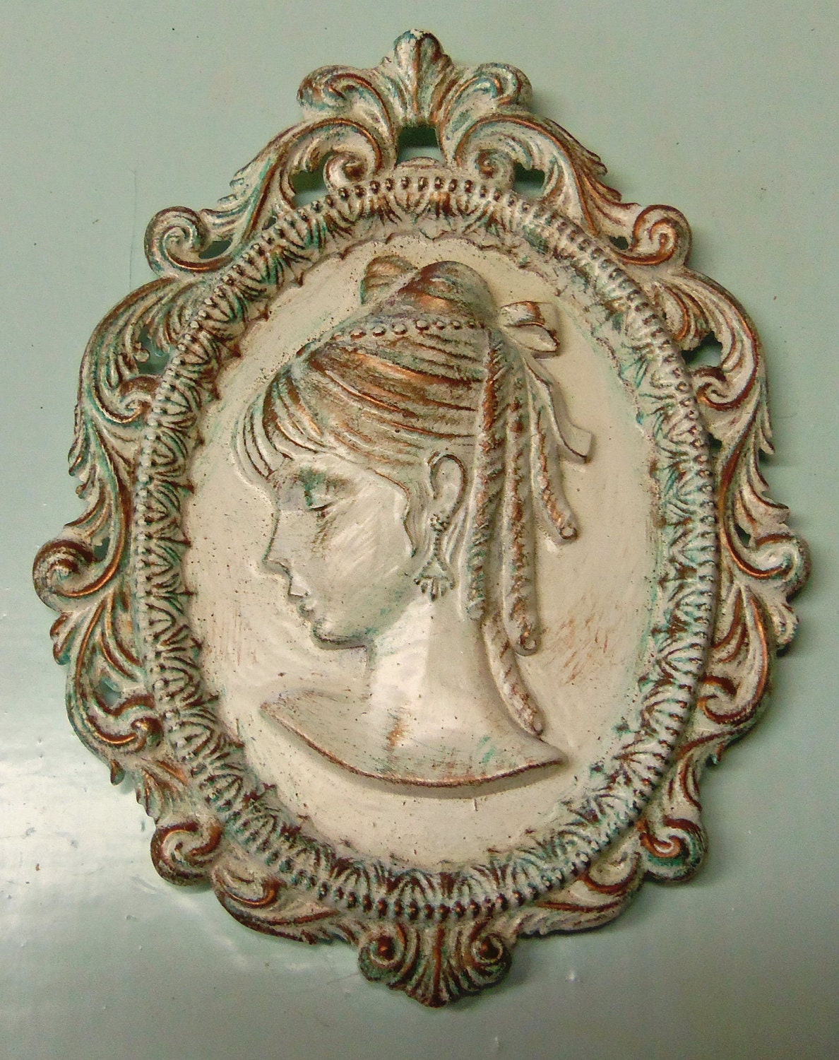Vintage Lucite Italian Style Ornate Hollywood Frame Cameo Shabby Distressed Upcycled Verdigris Copper Patina 6.5 Inch