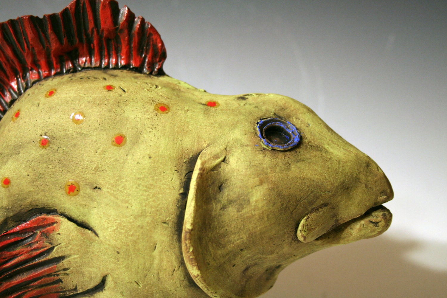 Hand Made yellow and red Ceramic Fish decorative sea life art wall hanging sculpture
